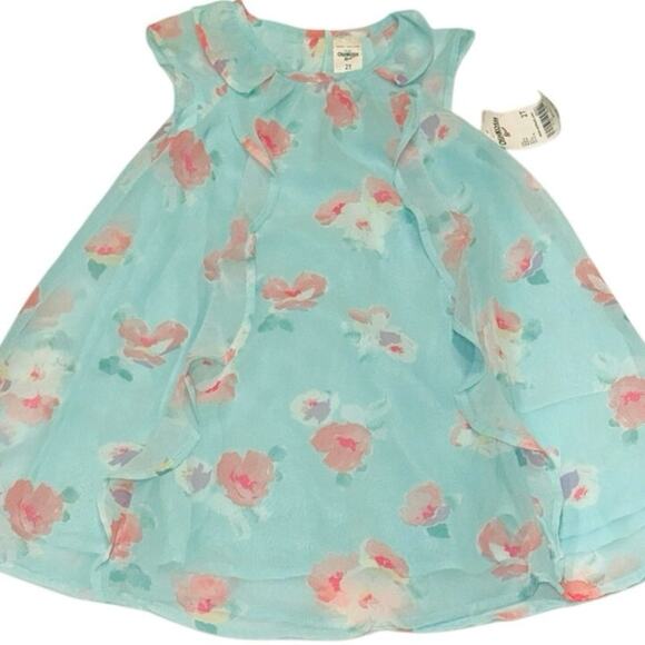 NWT OshKosh B’gosh 2T Aqua Floral Ruffle Sleeveless Flowy Dress Party Wedding - Picture 1 of 9